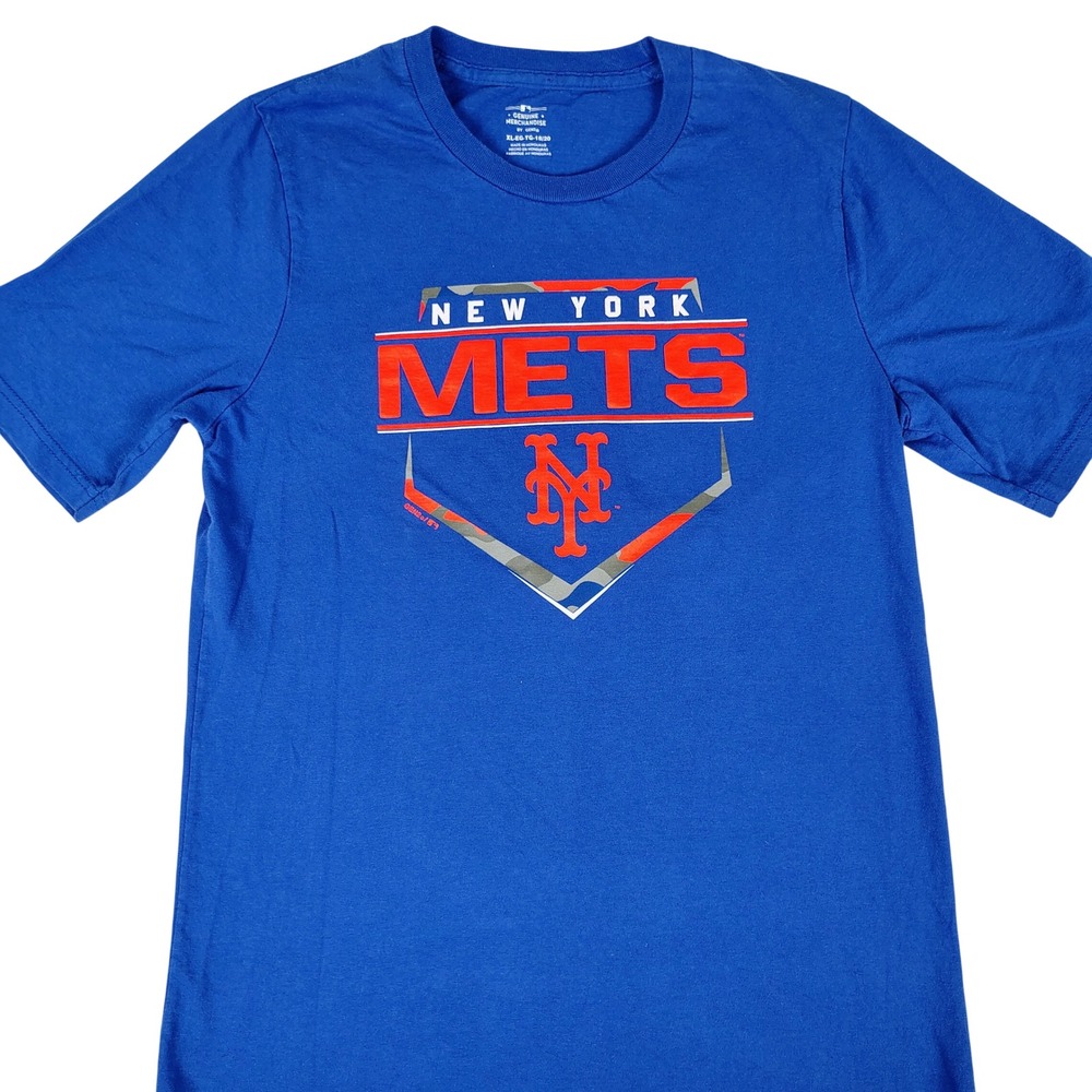 Mens XL New York Mets Graphic T-Shirt Blue Cotton Camo Logo Sportswear